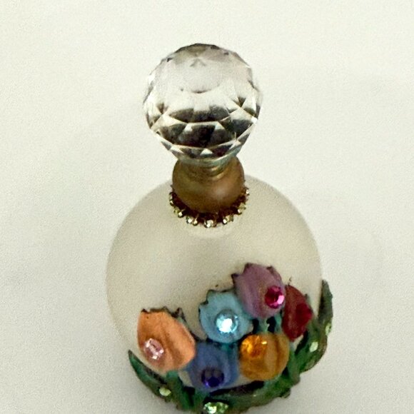 Belladonna Handmade Frosted Glass Floral Decor Bottle Crystal Top 3 Inch Vintage - Picture 5 of 10